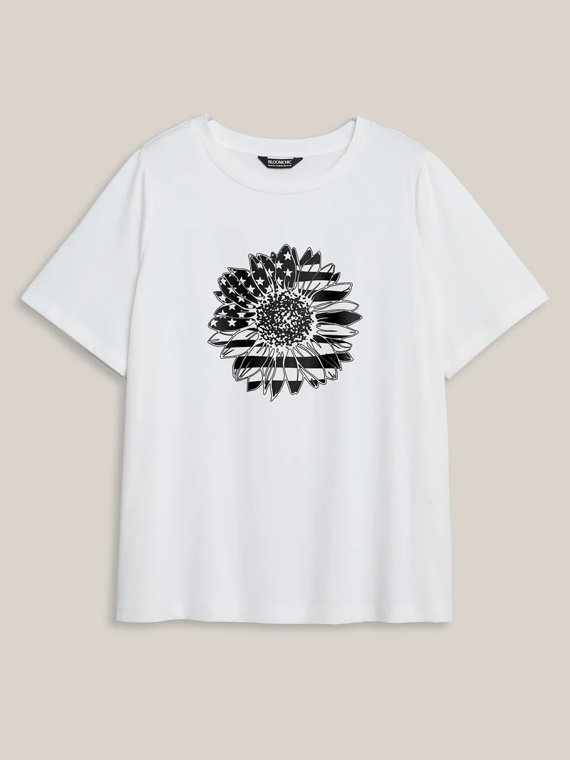 American Flag Floral Print Round Neck T-Shirt