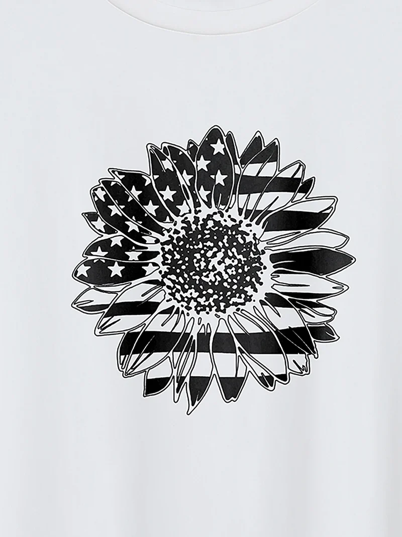 American Flag Floral Print Round Neck T-Shirt