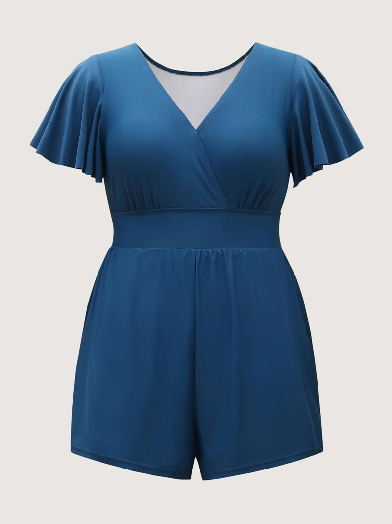 Cinched Waist Ruffled Sleeve Swim Romper