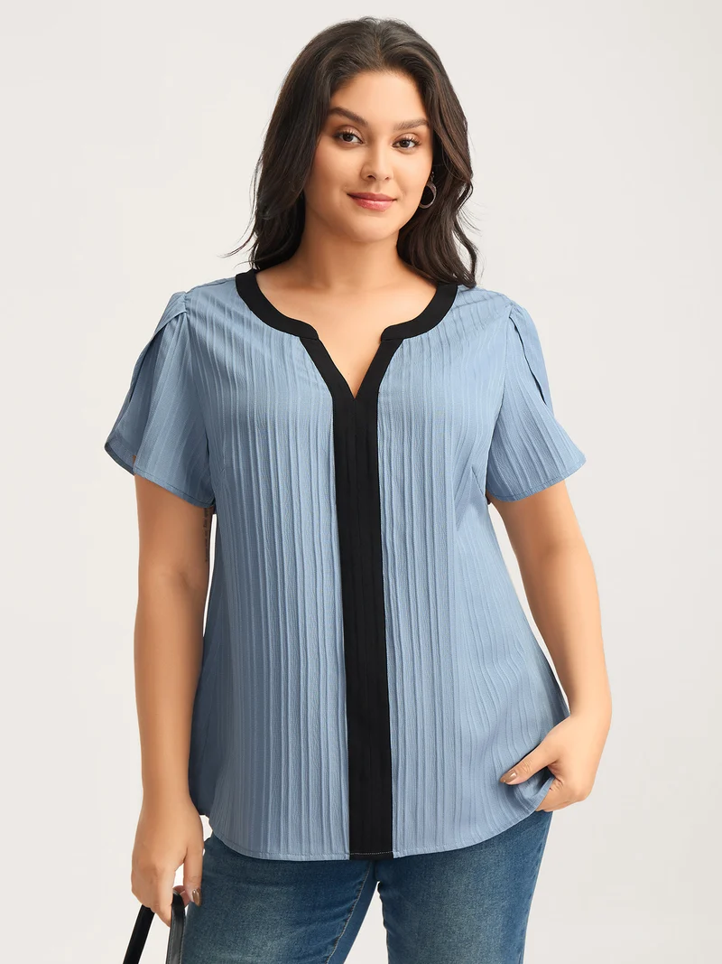 Textured Color Contrast Petal Sleeve Blouse