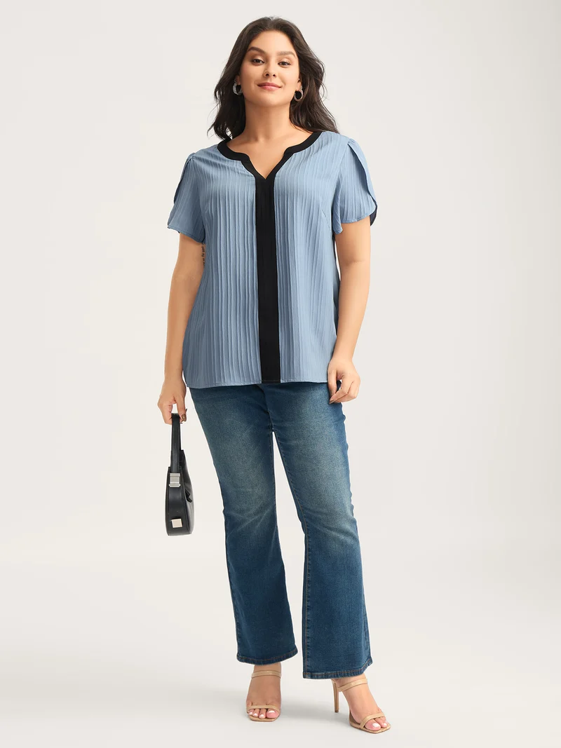 Textured Color Contrast Petal Sleeve Blouse