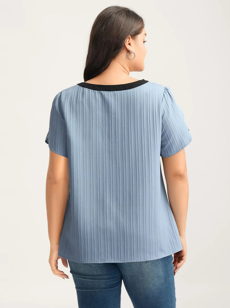 Textured Color Contrast Petal Sleeve Blouse