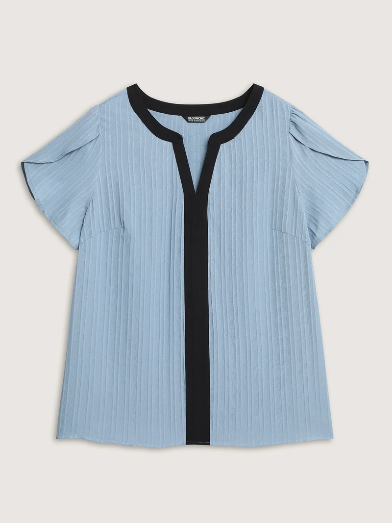 Textured Color Contrast Petal Sleeve Blouse