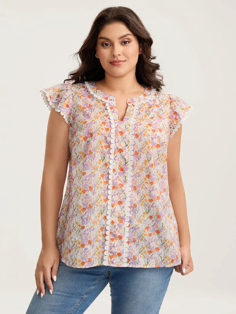 Cotton Floral Print Lace Trim Notched Blouse