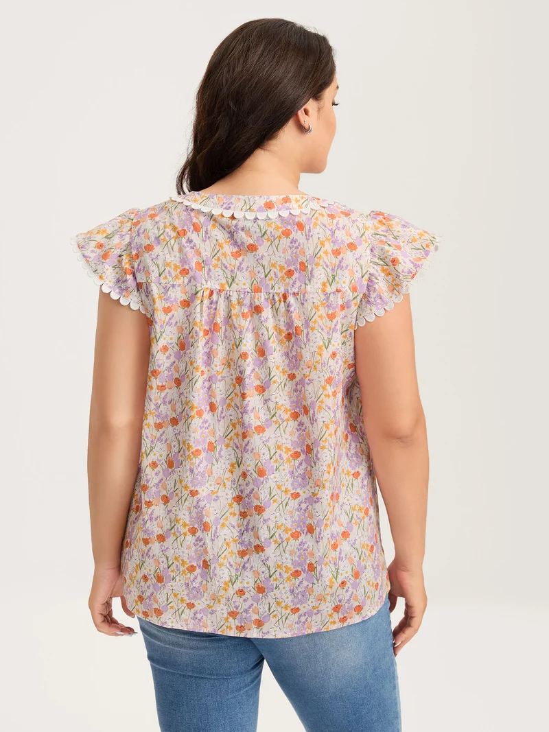 Cotton Floral Print Lace Trim Notched Blouse