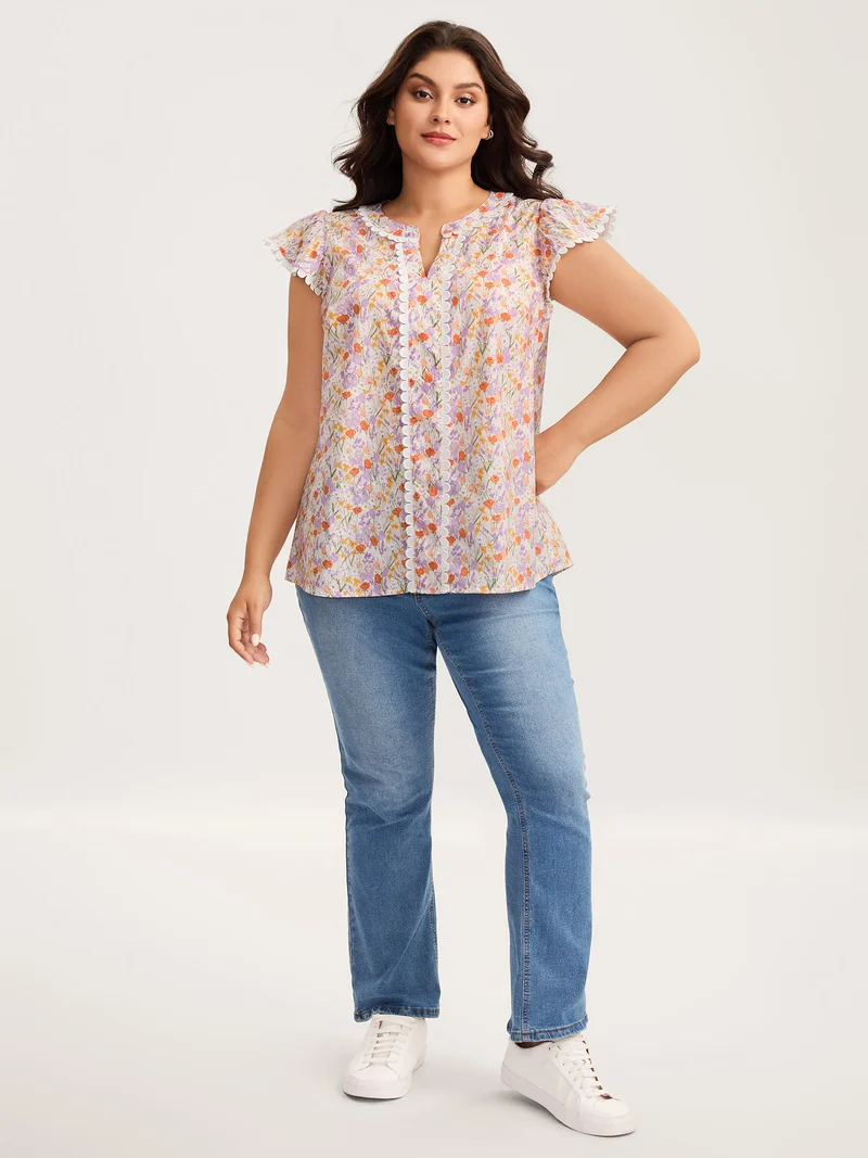 Cotton Floral Print Lace Trim Notched Blouse