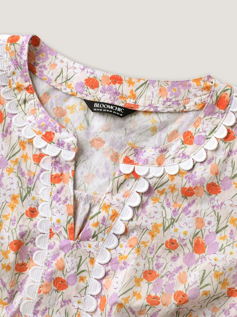 Cotton Floral Print Lace Trim Notched Blouse