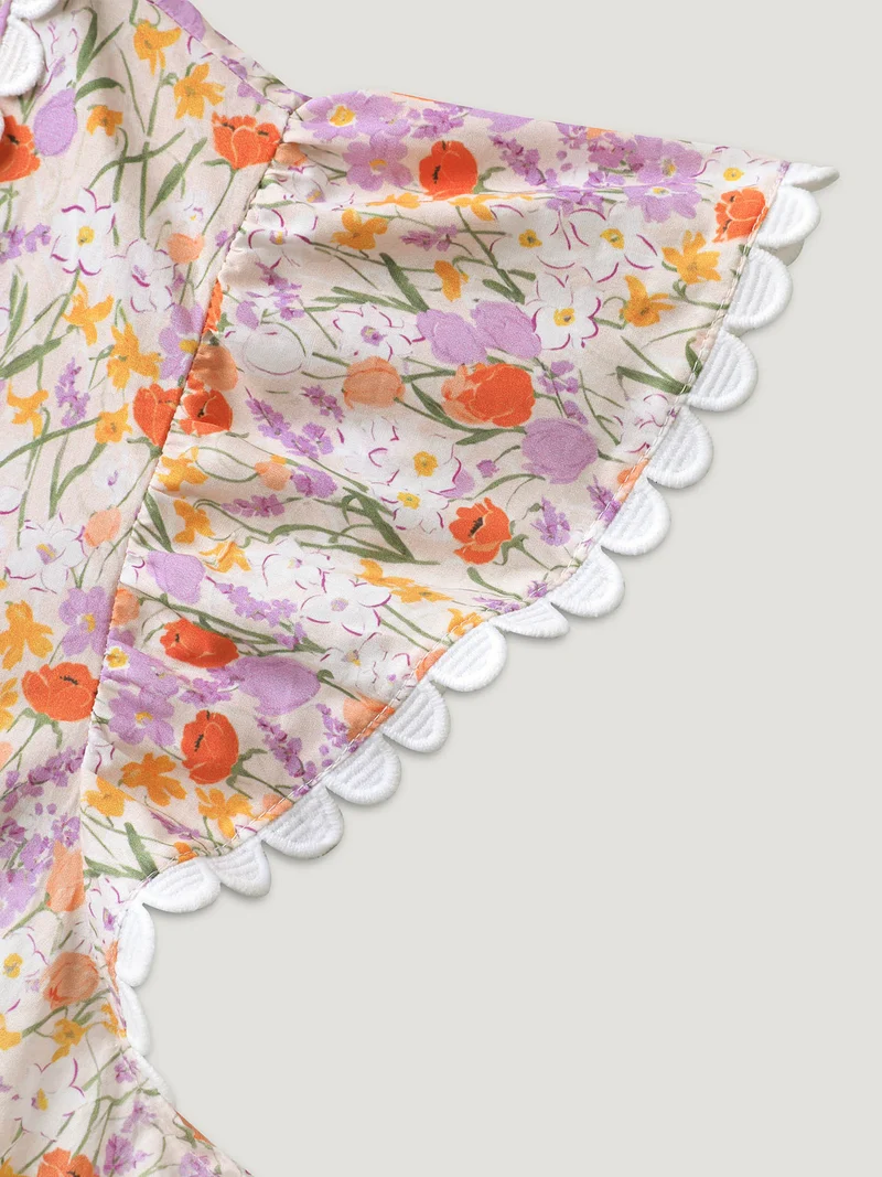 Cotton Floral Print Lace Trim Notched Blouse