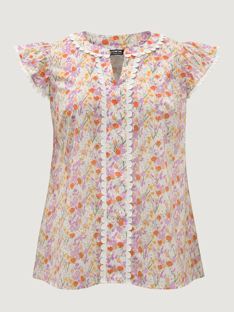Cotton Floral Print Lace Trim Notched Blouse