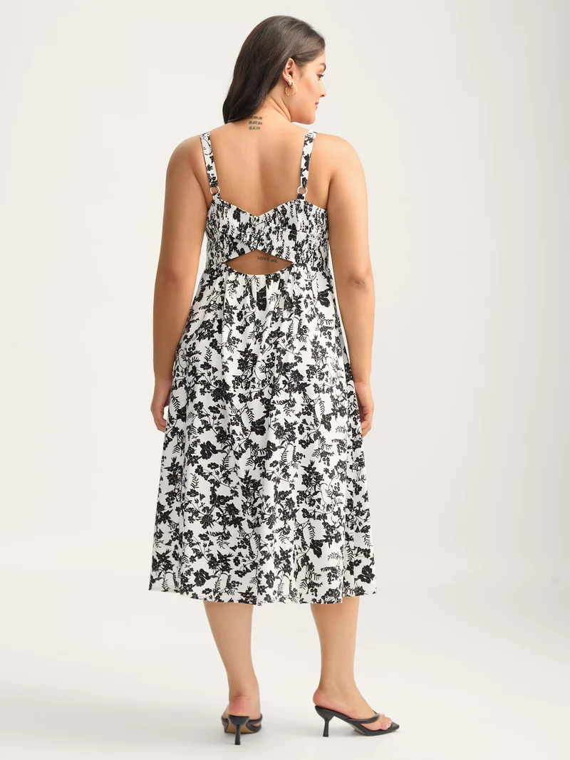 Monochrome Florals Shirred Backless Midi Dress