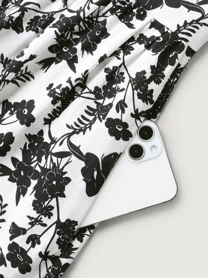 Monochrome Florals Shirred Backless Midi Dress