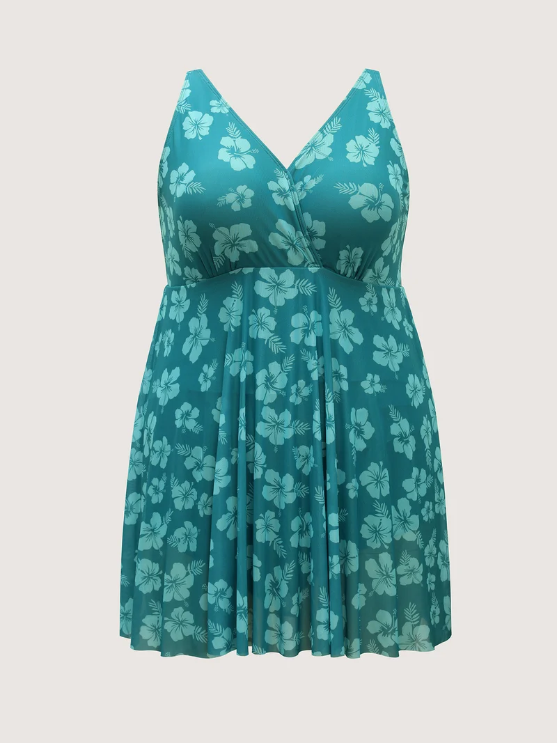 Floral Mesh Surplice Swim Dress