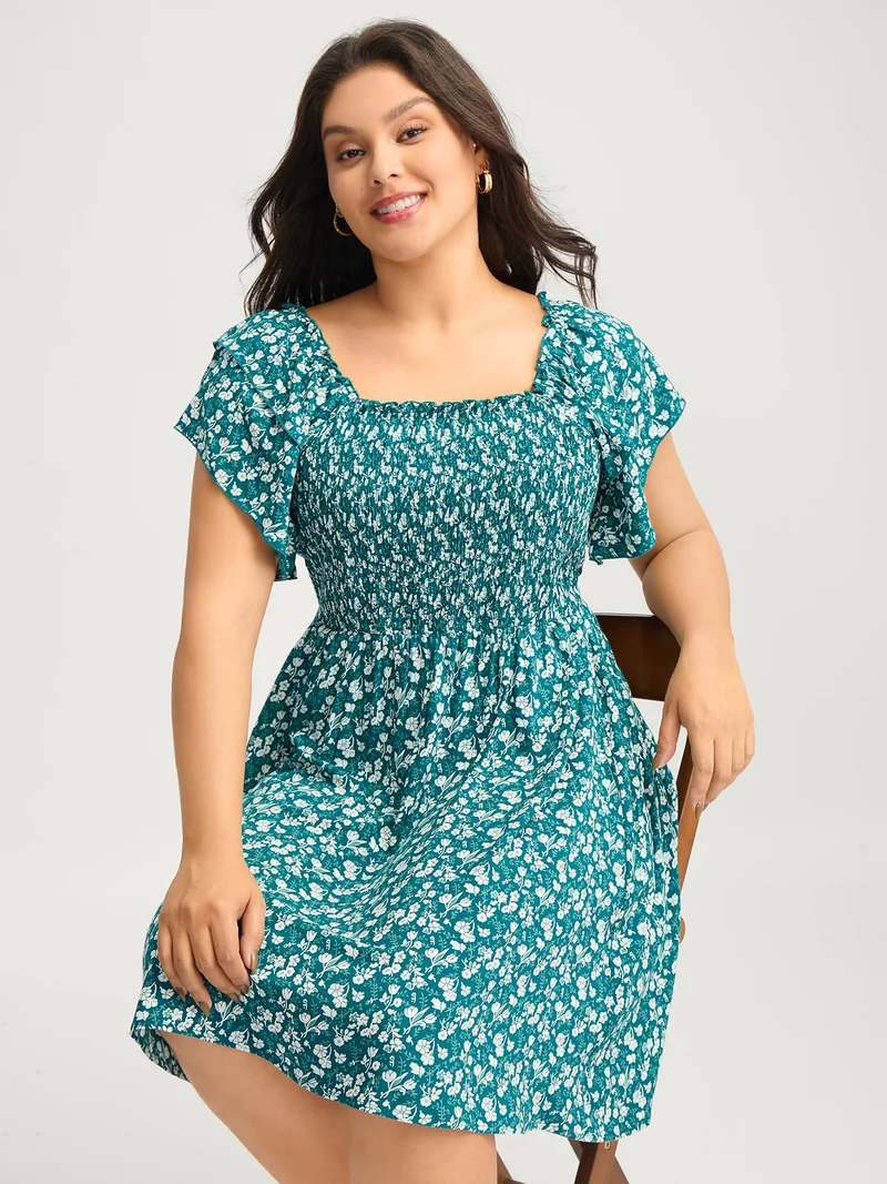 Rayon Layered Sleeve Shirred Midi Dress