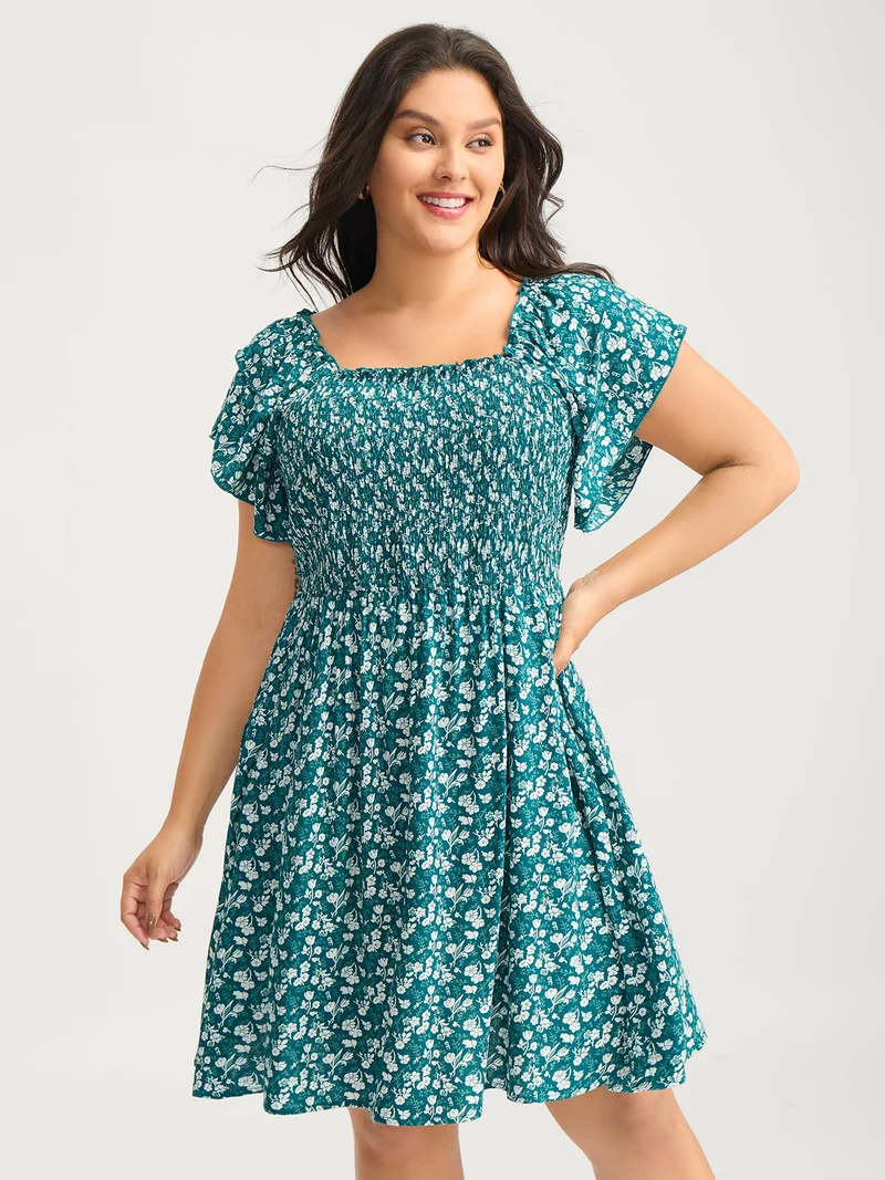 Rayon Layered Sleeve Shirred Midi Dress