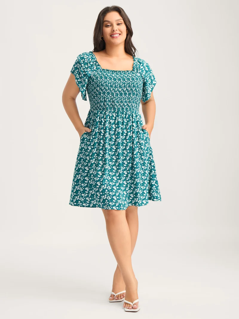 Rayon Layered Sleeve Shirred Midi Dress