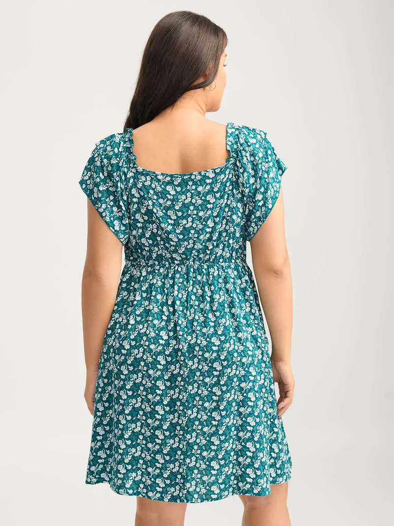 Rayon Layered Sleeve Shirred Midi Dress