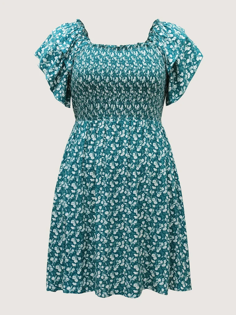 Rayon Layered Sleeve Shirred Midi Dress