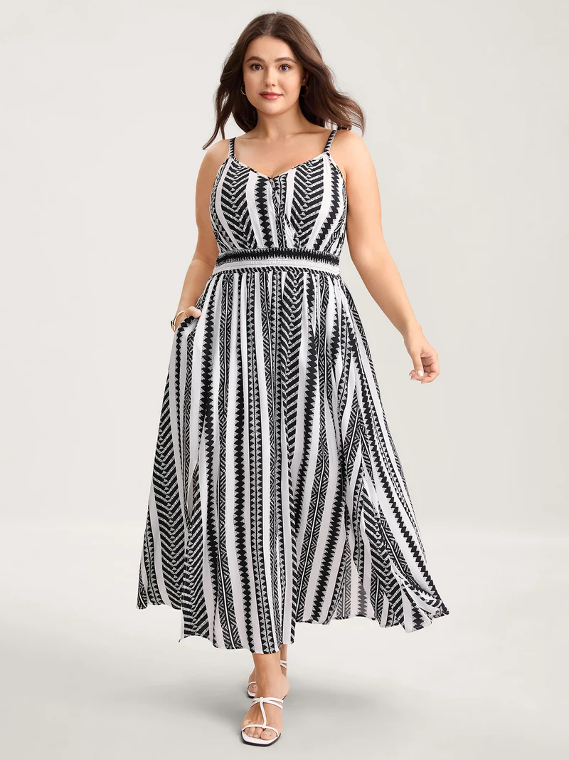 Geometric Stripe Shirred Cami Midi Dress