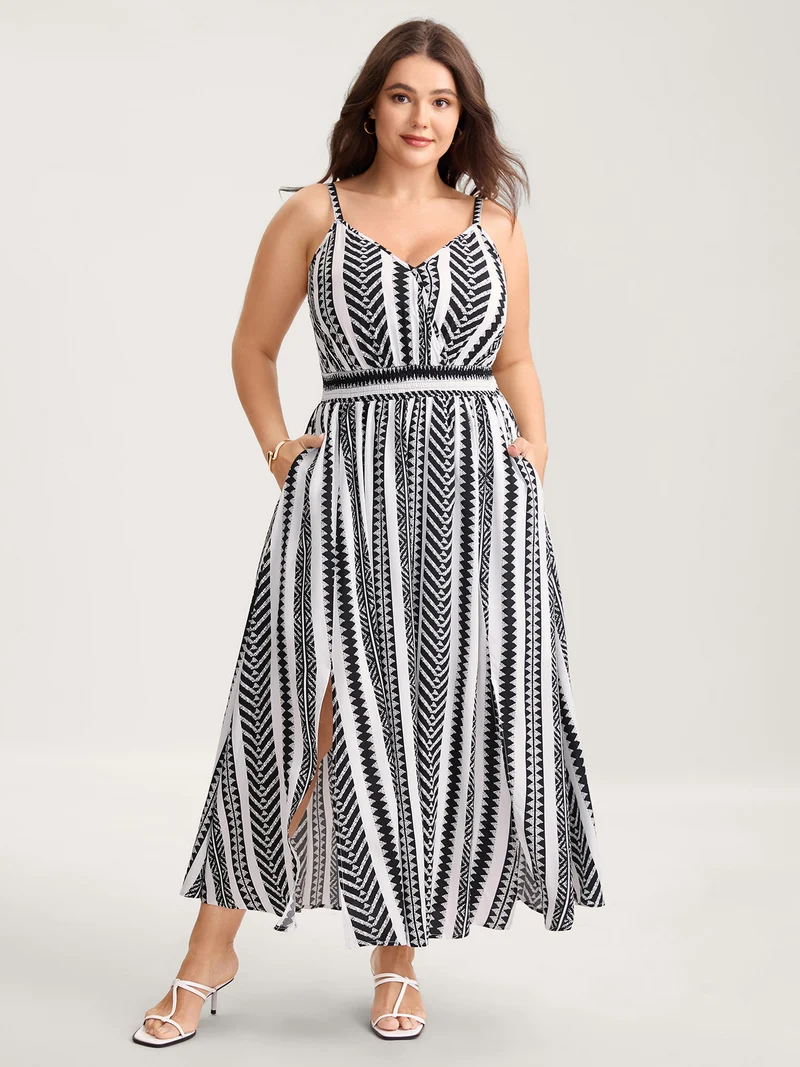 Geometric Stripe Shirred Cami Midi Dress