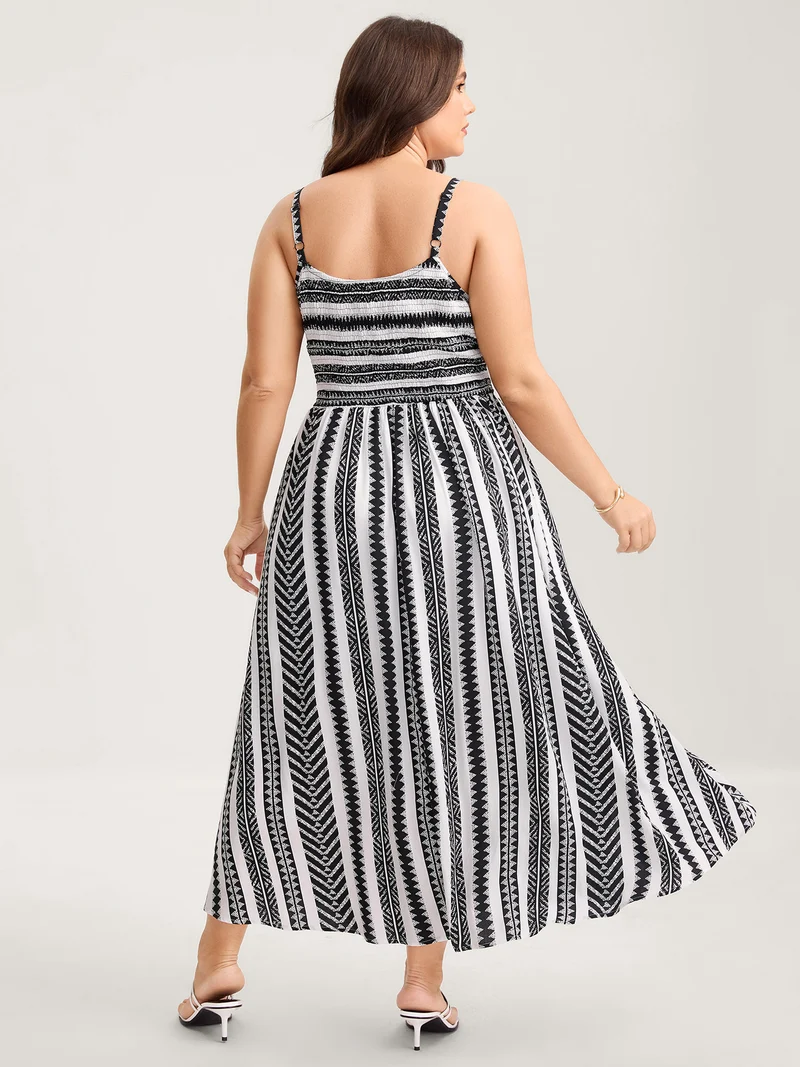 Geometric Stripe Shirred Cami Midi Dress