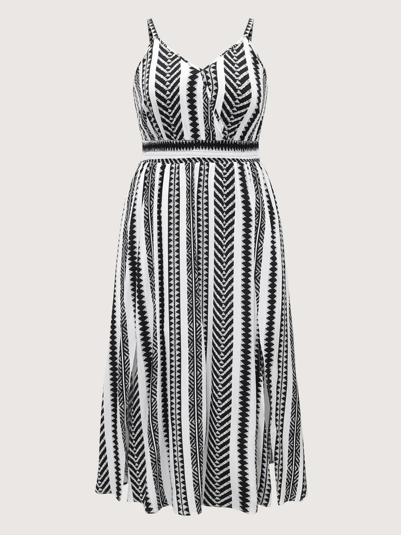 Geometric Stripe Shirred Cami Midi Dress