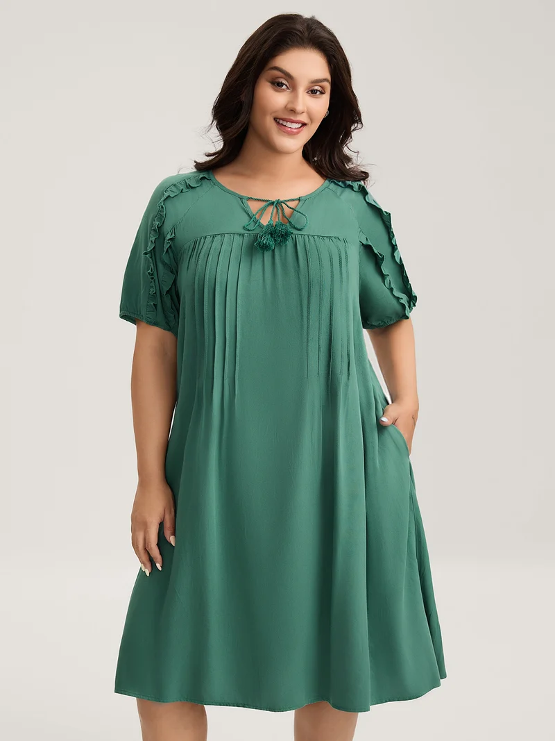 Rayon Neck-Tie Pleated Midi Dress