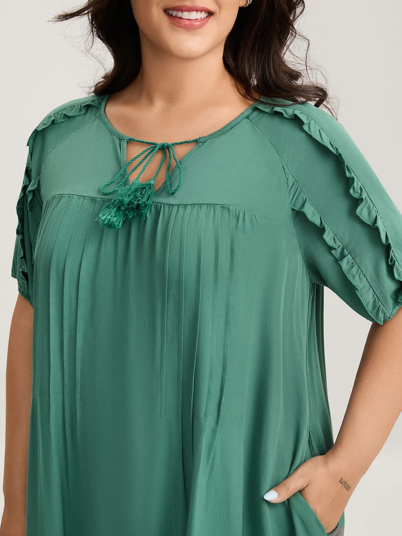 Rayon Neck-Tie Pleated Midi Dress