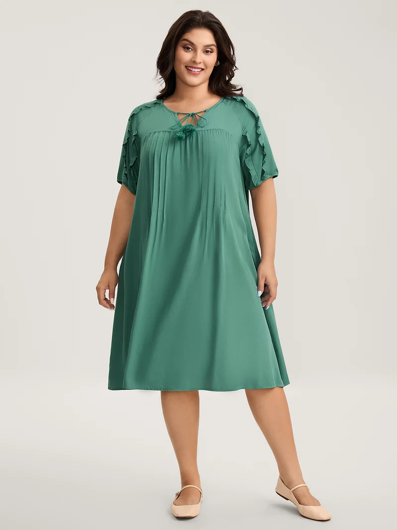 Rayon Neck-Tie Pleated Midi Dress