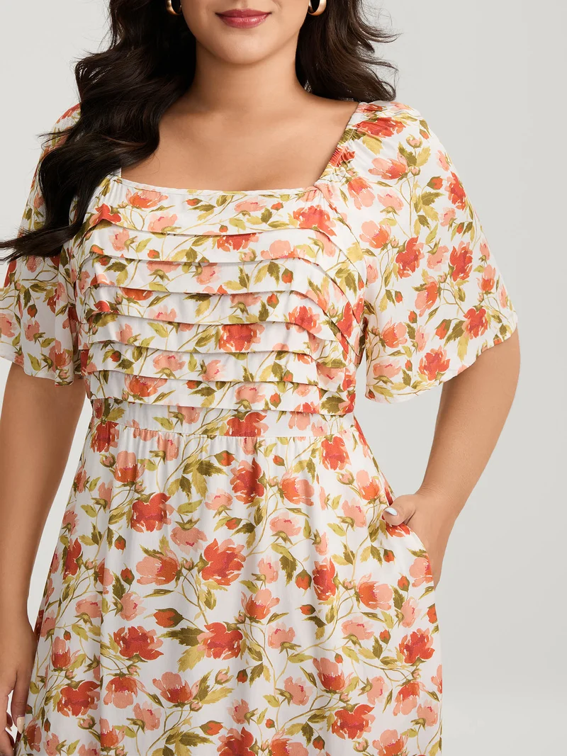 Floral Pleated Bodice Pockets Midi Dress