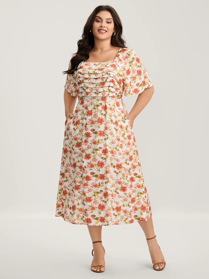Floral Pleated Bodice Pockets Midi Dress