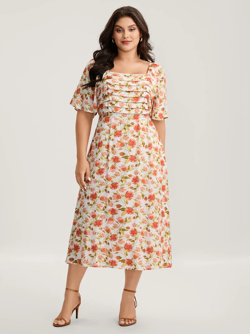 Floral Pleated Bodice Pockets Midi Dress