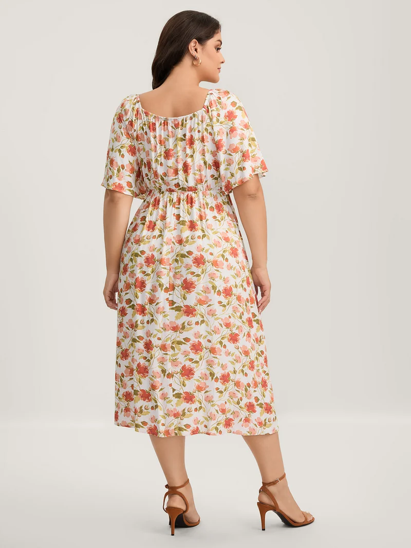 Floral Pleated Bodice Pockets Midi Dress