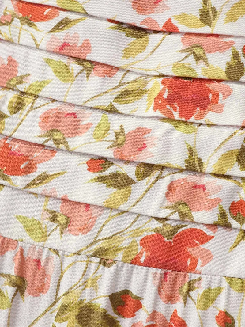Floral Pleated Bodice Pockets Midi Dress