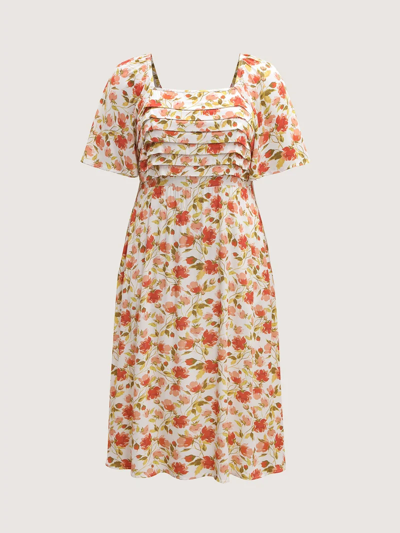 Floral Pleated Bodice Pockets Midi Dress