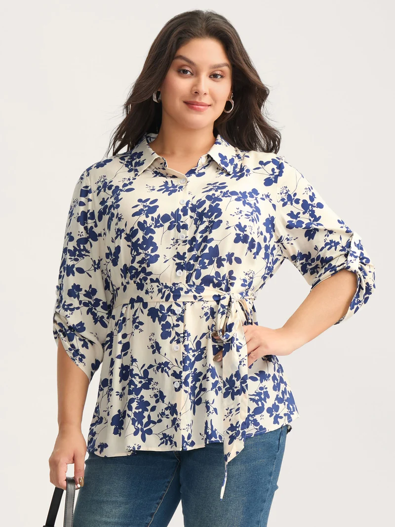 Floral Print Waist-Tie Button Blouse