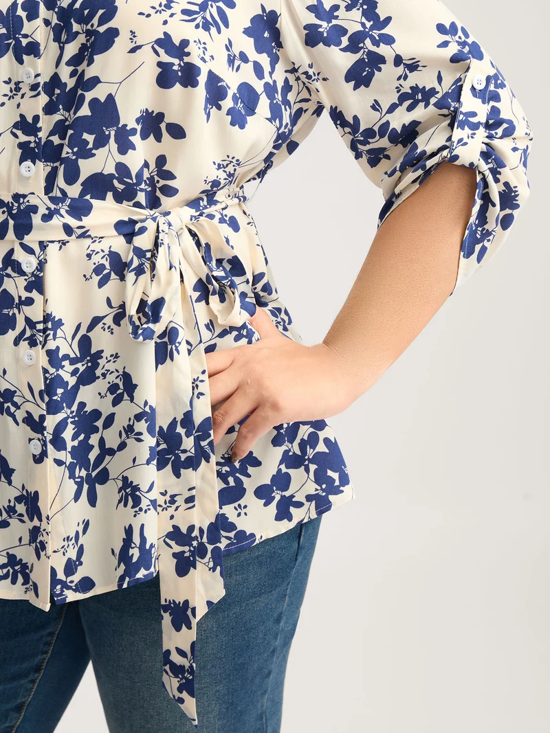 Floral Print Waist-Tie Button Blouse