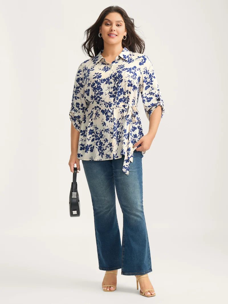 Floral Print Waist-Tie Button Blouse