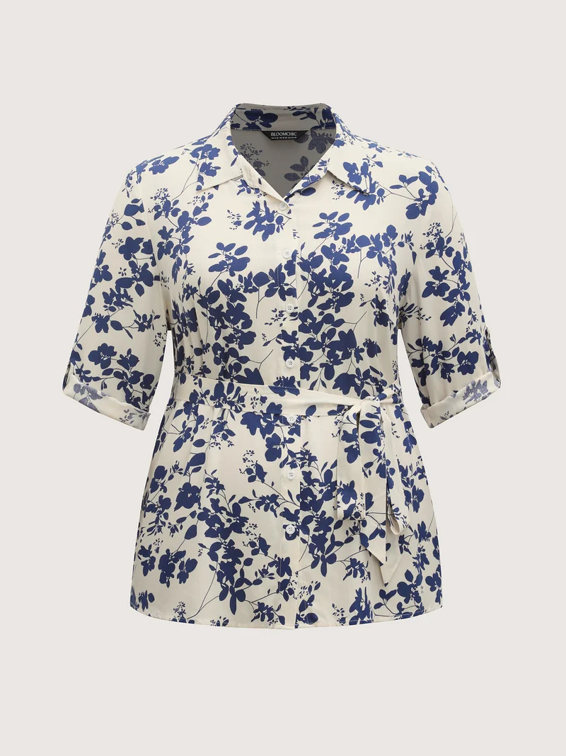 Floral Print Waist-Tie Button Blouse