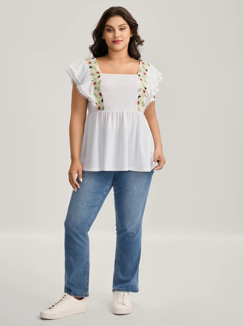 Floral Lace Stretchy Shirred Tank Top