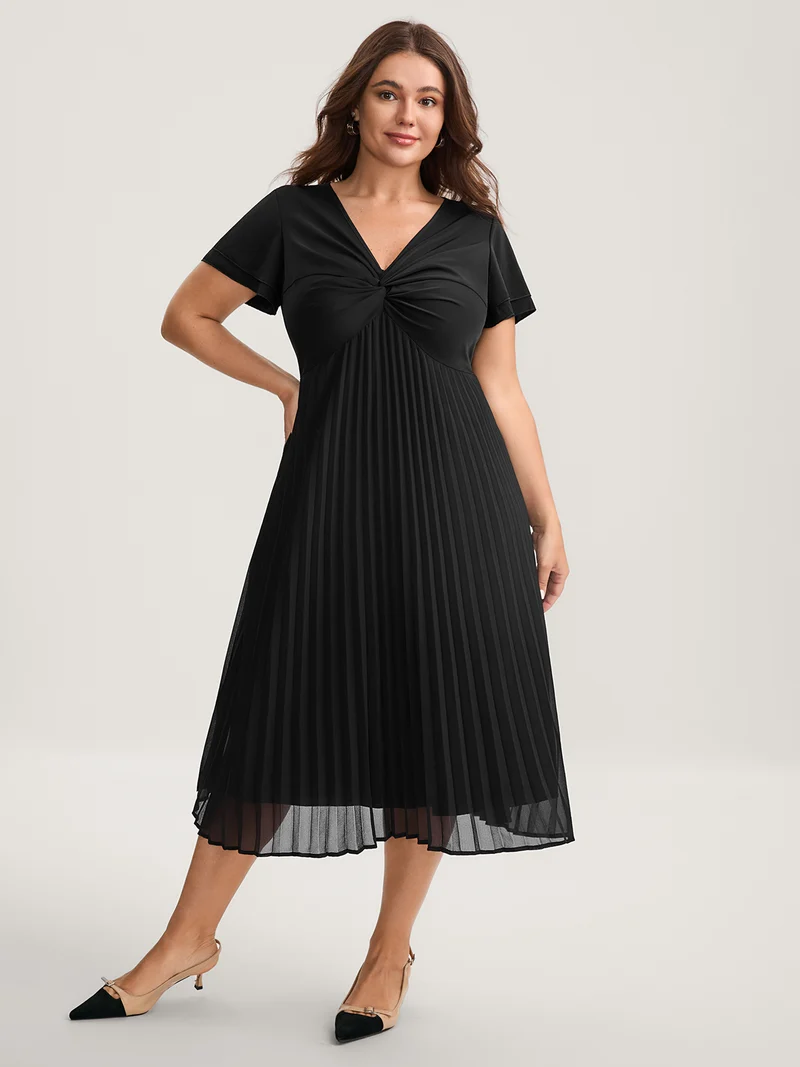 Crossover Bodice Plicated Detail Midi Dress