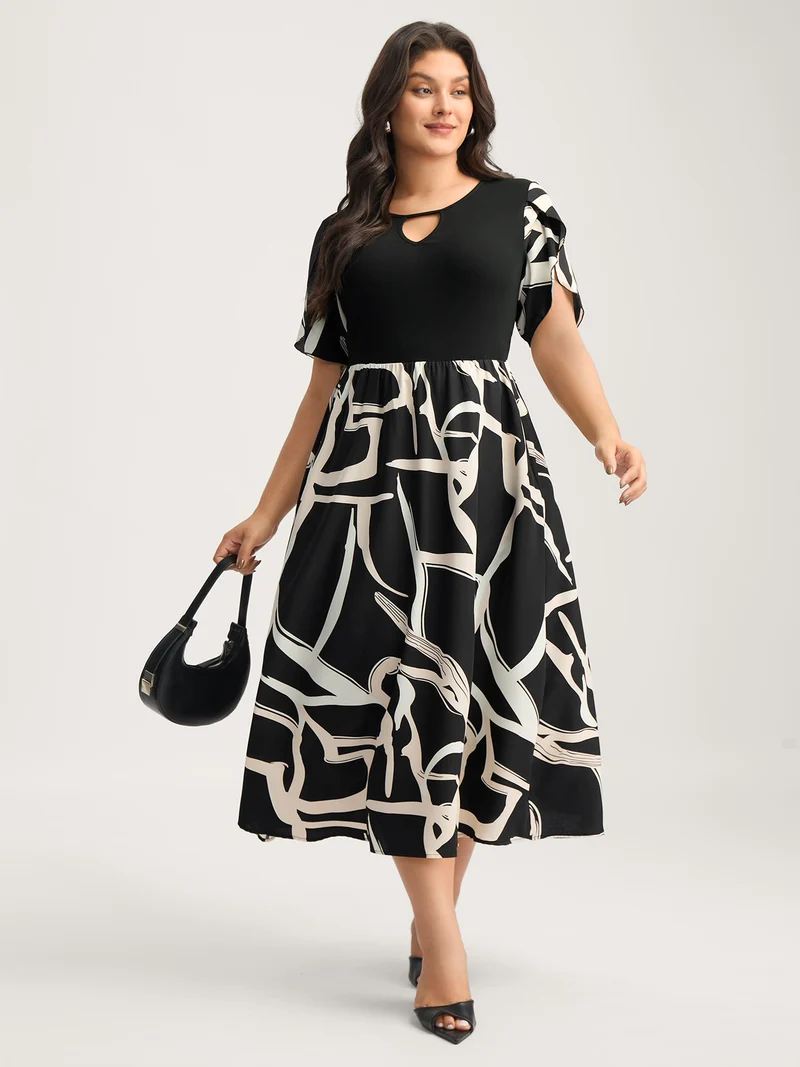 Geometric Print Color Contrast Stretchy Midi Dress