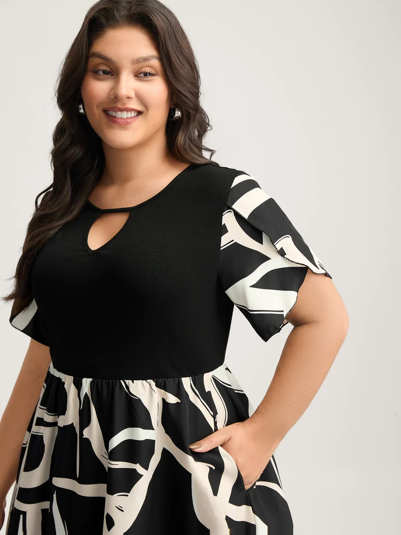 Geometric Print Color Contrast Stretchy Midi Dress
