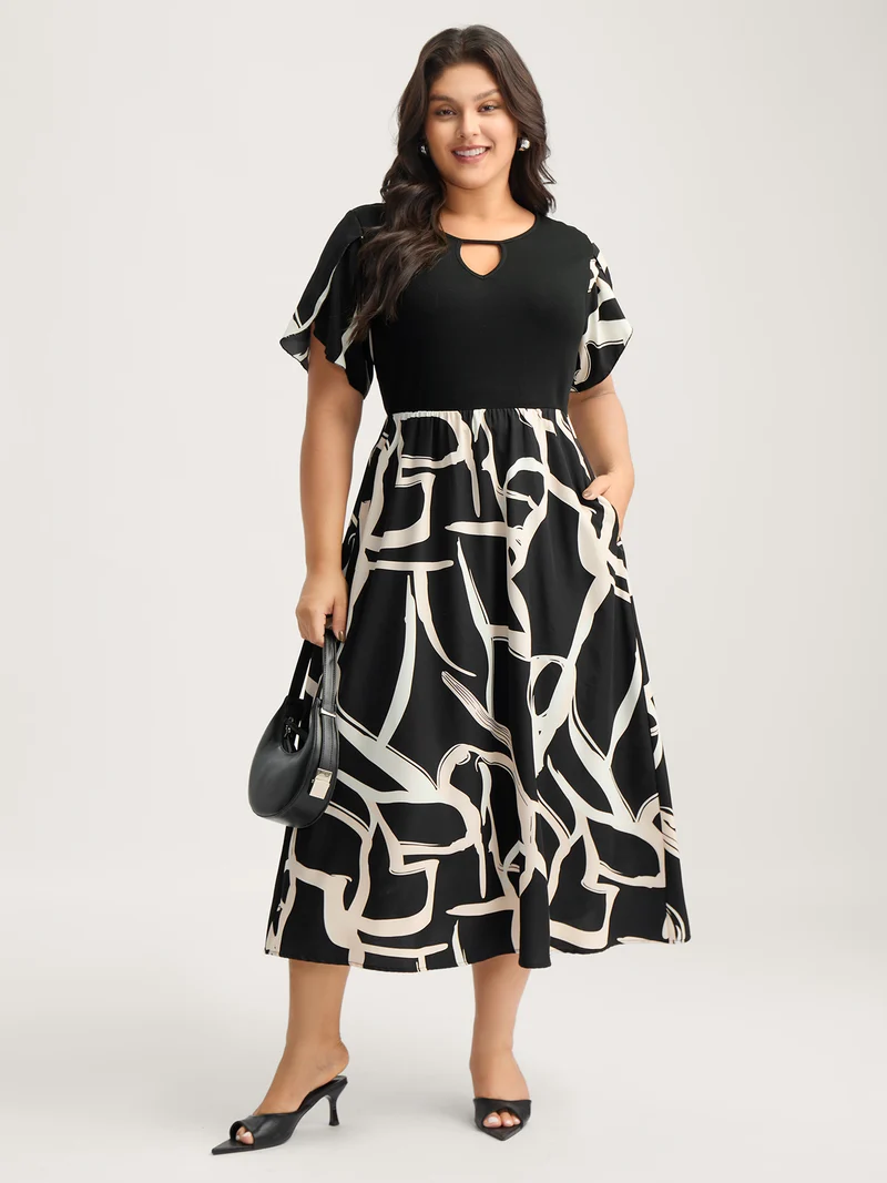 Geometric Print Color Contrast Stretchy Midi Dress