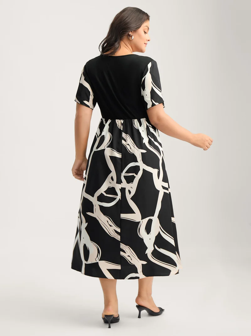 Geometric Print Color Contrast Stretchy Midi Dress