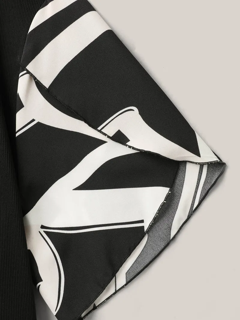 Geometric Print Color Contrast Stretchy Midi Dress