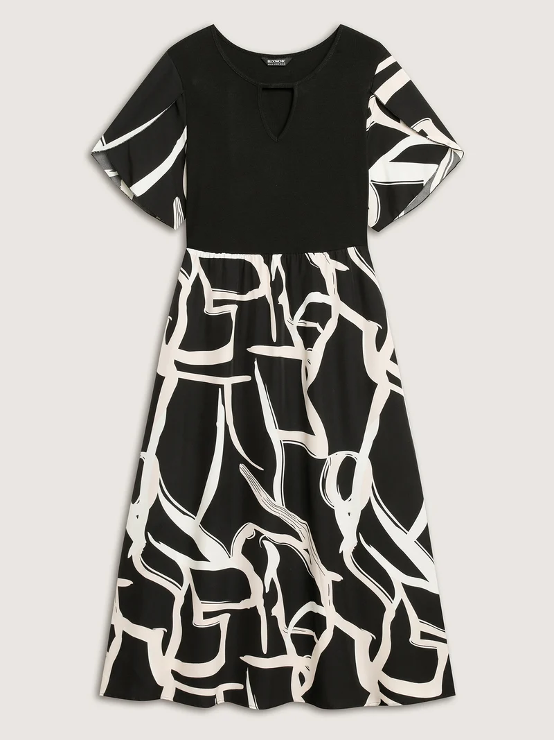 Geometric Print Color Contrast Stretchy Midi Dress