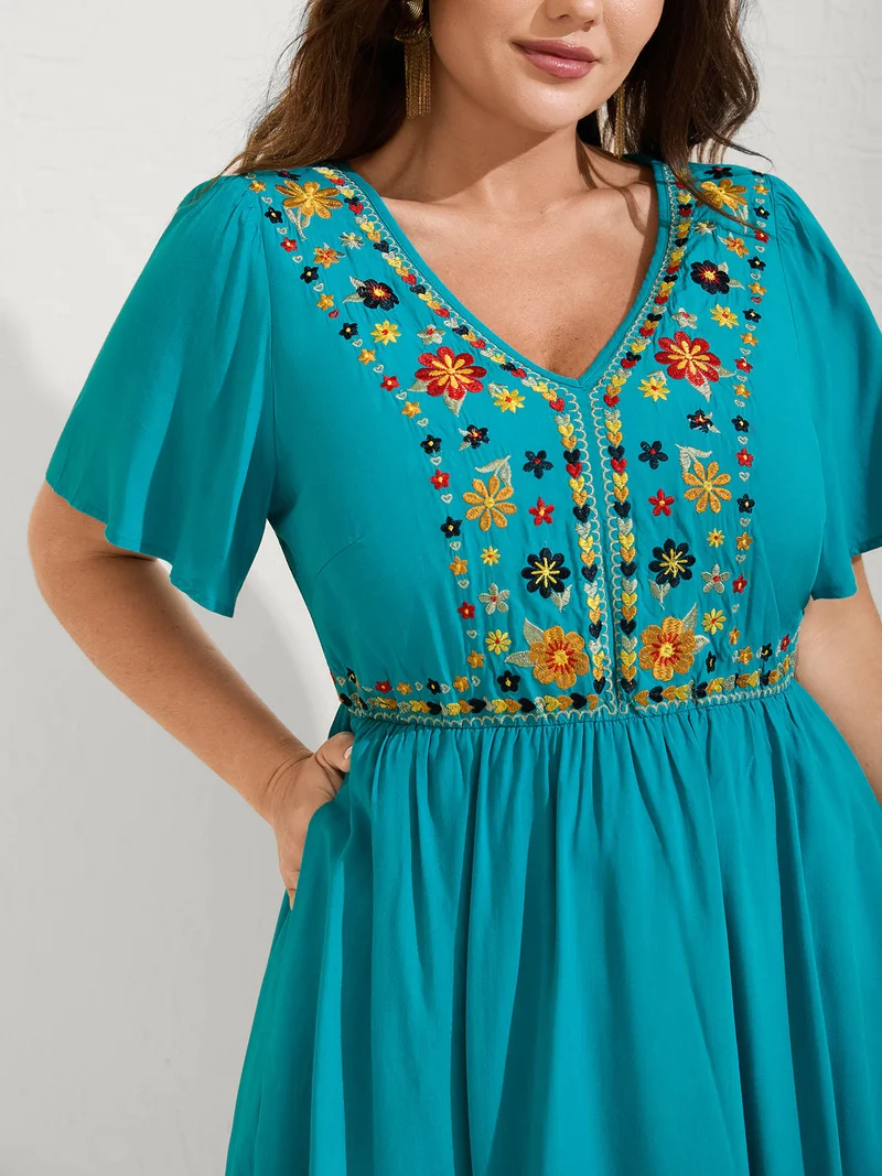 Rayon Floral Embroidered Pockets Midi Dress