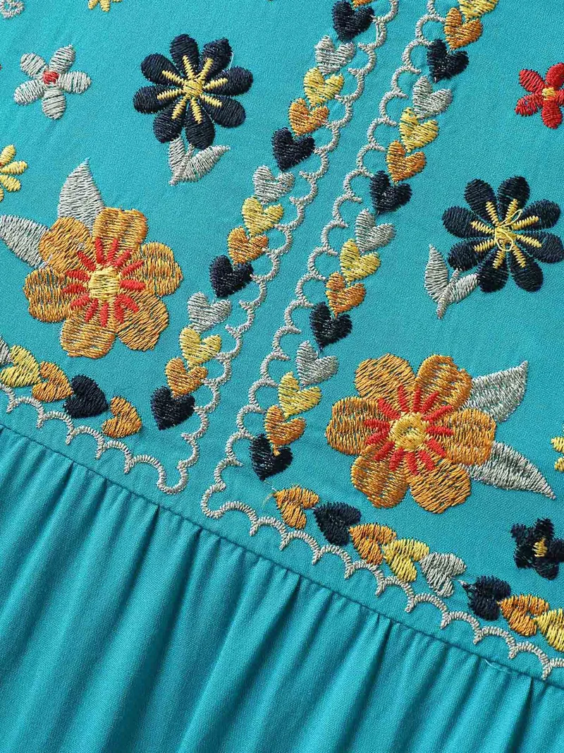 Rayon Floral Embroidered Pockets Midi Dress