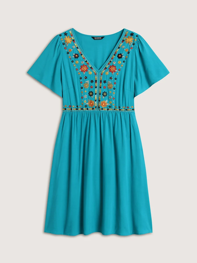 Rayon Floral Embroidered Pockets Midi Dress