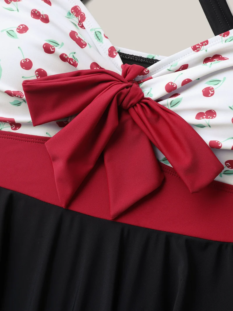 Cherry Knotted Bodice Color Block Swim Dress